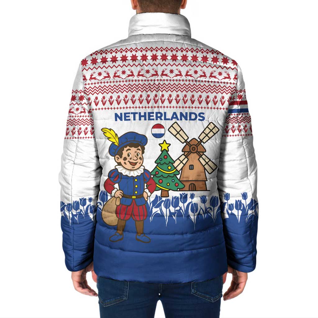 Netherlands Christmas Padded Jacket with Christmas Tree Windmill Piet Character and Tulip Pattern - Wonder Print Shop