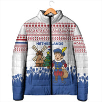Netherlands Christmas Padded Jacket with Christmas Tree Windmill Piet Character and Tulip Pattern - Wonder Print Shop