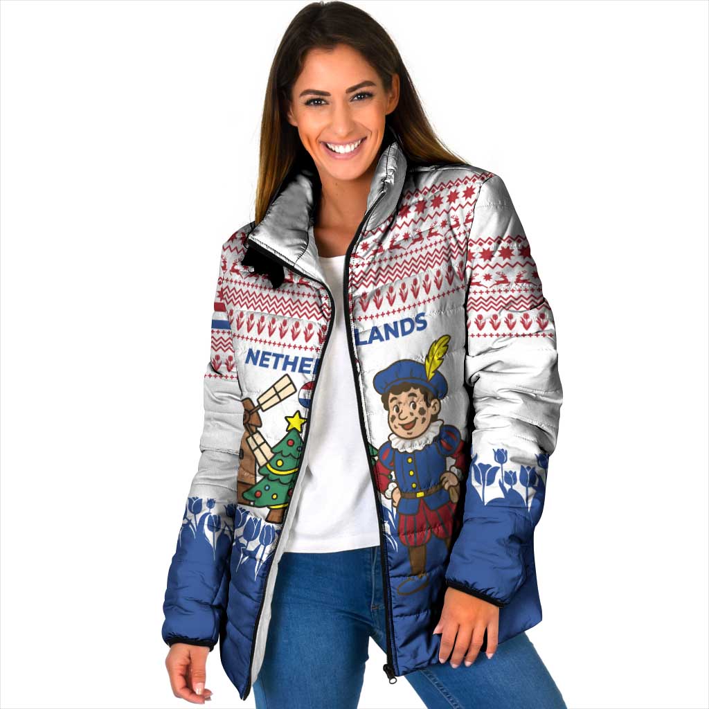 Netherlands Christmas Padded Jacket with Christmas Tree Windmill Piet Character and Tulip Pattern - Wonder Print Shop