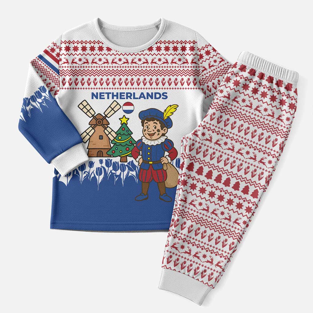 Netherlands Christmas Pajama Set with Christmas Tree Windmill Piet Character and Tulip Pattern - Wonder Print Shop