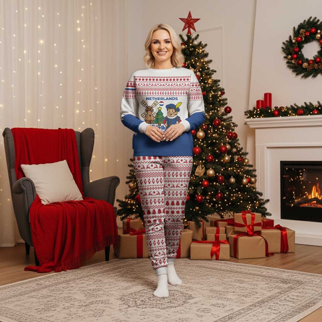 Netherlands Christmas Pajama Set with Christmas Tree Windmill Piet Character and Tulip Pattern - Wonder Print Shop