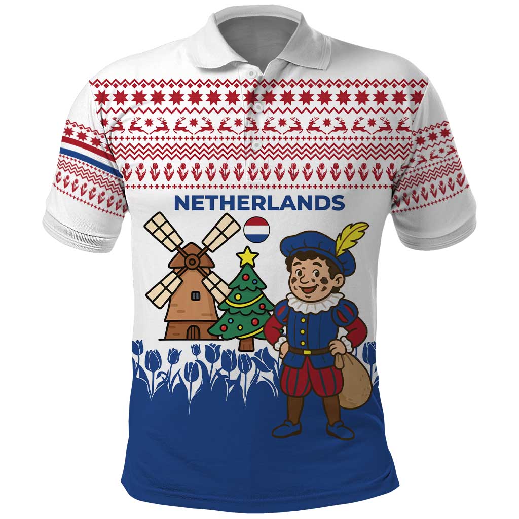 Netherlands Christmas Polo Shirt with Christmas Tree Windmill Piet Character and Tulip Pattern - Wonder Print Shop