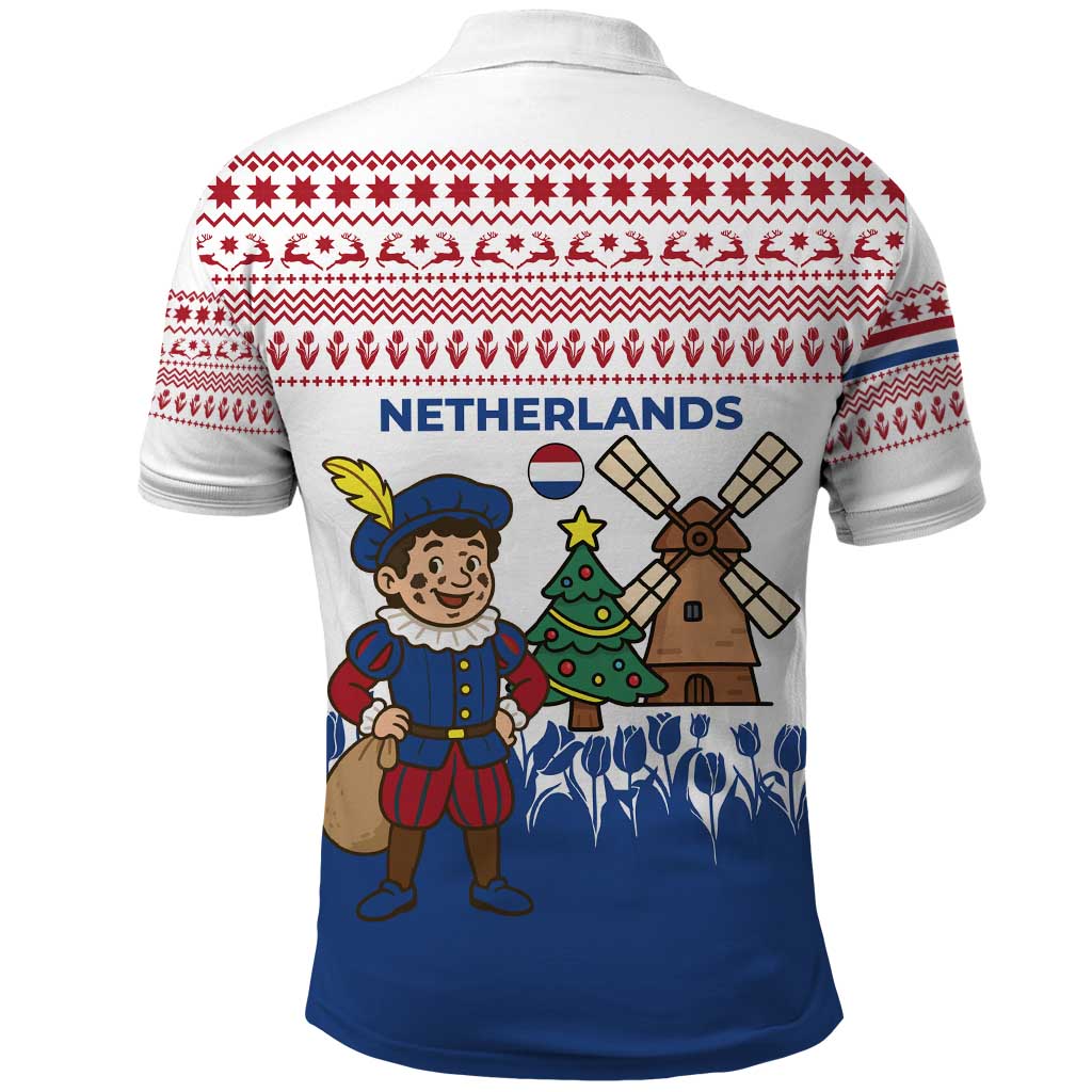 Netherlands Christmas Polo Shirt with Christmas Tree Windmill Piet Character and Tulip Pattern - Wonder Print Shop