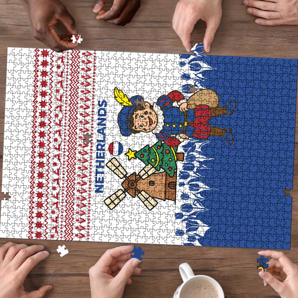 Netherlands Christmas Puzzle with Christmas Tree Windmill Piet Character and Tulip Pattern - Wonder Print Shop