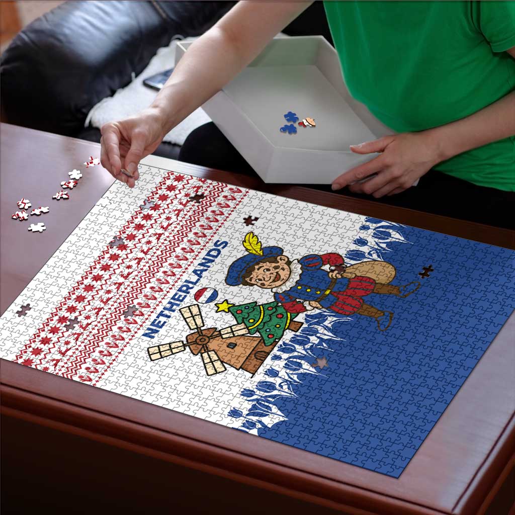Netherlands Christmas Puzzle with Christmas Tree Windmill Piet Character and Tulip Pattern - Wonder Print Shop