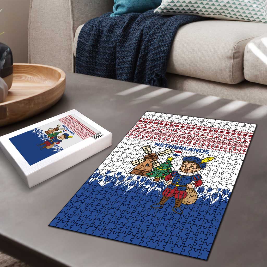 Netherlands Christmas Puzzle with Christmas Tree Windmill Piet Character and Tulip Pattern - Wonder Print Shop