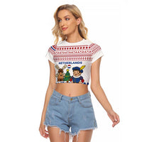 Netherlands Christmas Raglan Cropped T Shirt with Christmas Tree Windmill Piet Character and Tulip Pattern - Wonder Print Shop