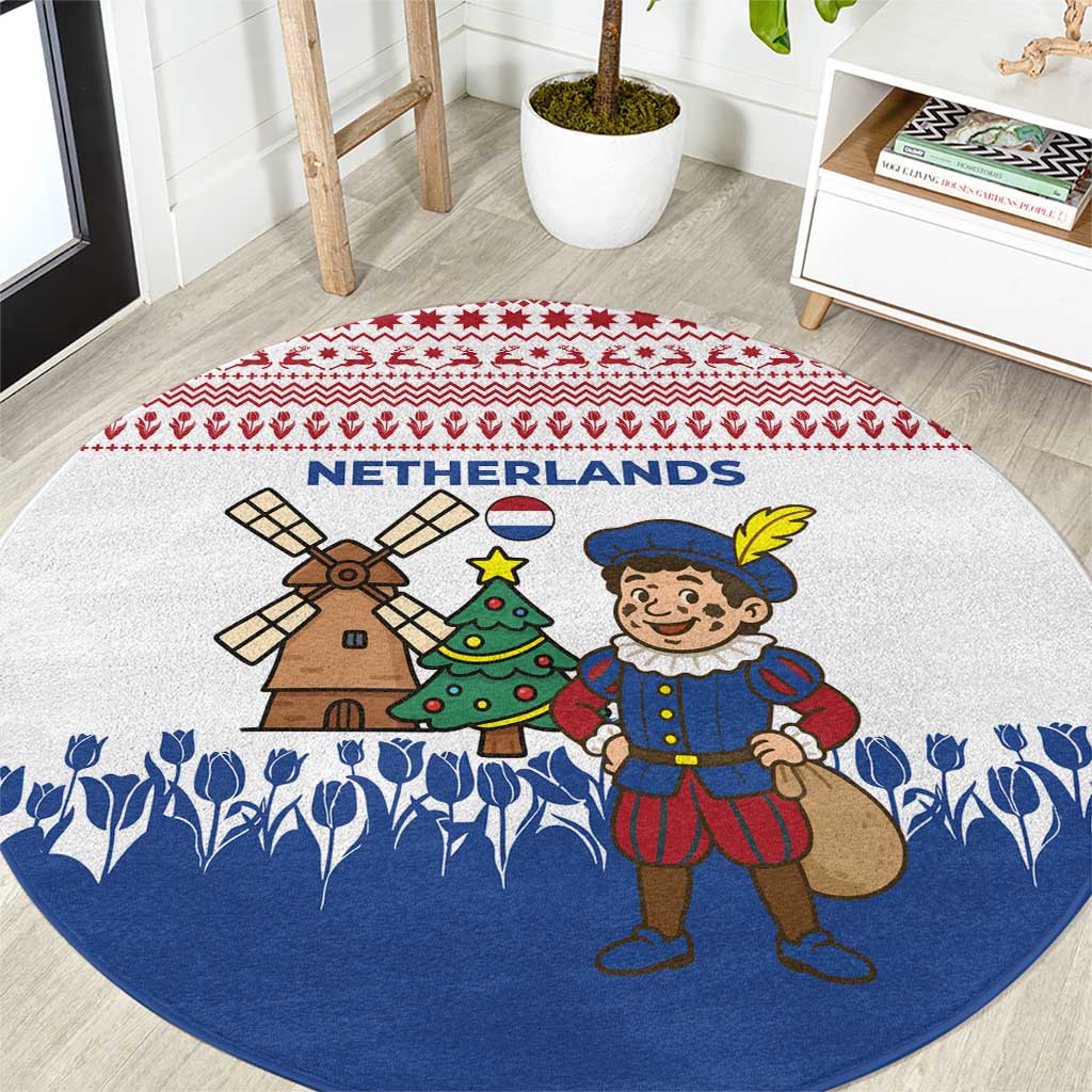 Netherlands Christmas Round Carpet with Christmas Tree Windmill Piet Character and Tulip Pattern - Wonder Print Shop