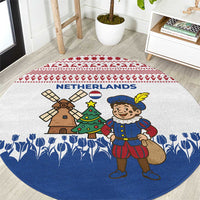 Netherlands Christmas Round Carpet with Christmas Tree Windmill Piet Character and Tulip Pattern - Wonder Print Shop
