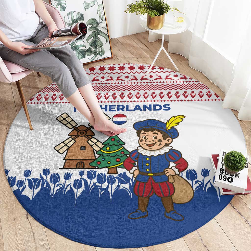 Netherlands Christmas Round Carpet with Christmas Tree Windmill Piet Character and Tulip Pattern - Wonder Print Shop