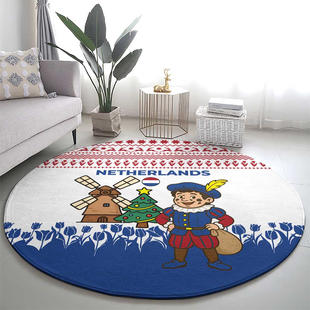 Netherlands Christmas Round Carpet with Christmas Tree Windmill Piet Character and Tulip Pattern - Wonder Print Shop