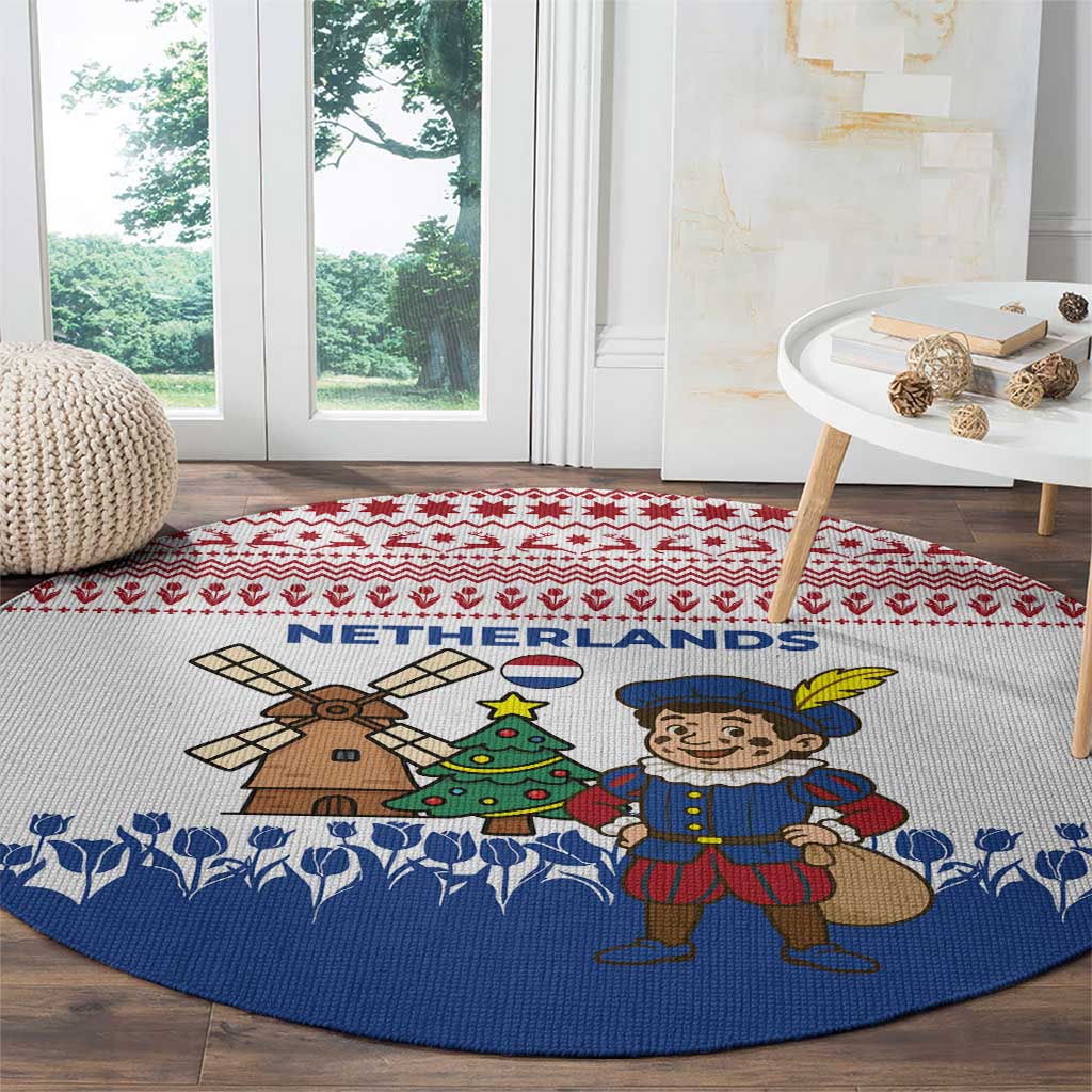 Netherlands Christmas Round Carpet with Christmas Tree Windmill Piet Character and Tulip Pattern - Wonder Print Shop