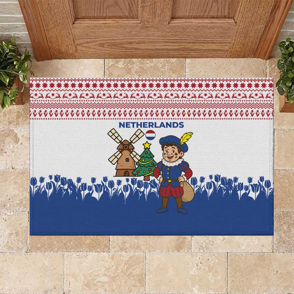 Netherlands Christmas Rubber Doormat with Christmas Tree Windmill Piet Character and Tulip Pattern - Wonder Print Shop