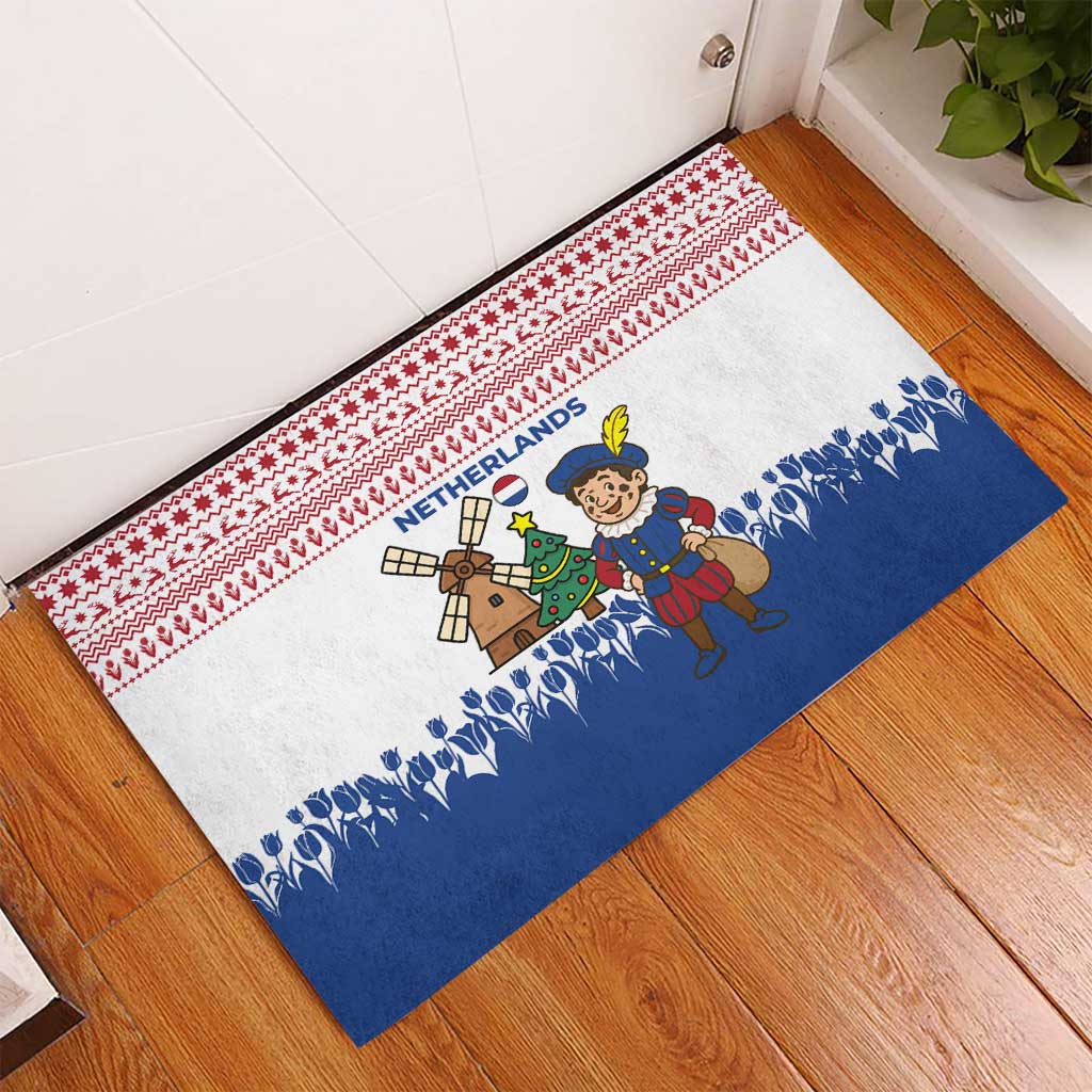 Netherlands Christmas Rubber Doormat with Christmas Tree Windmill Piet Character and Tulip Pattern - Wonder Print Shop