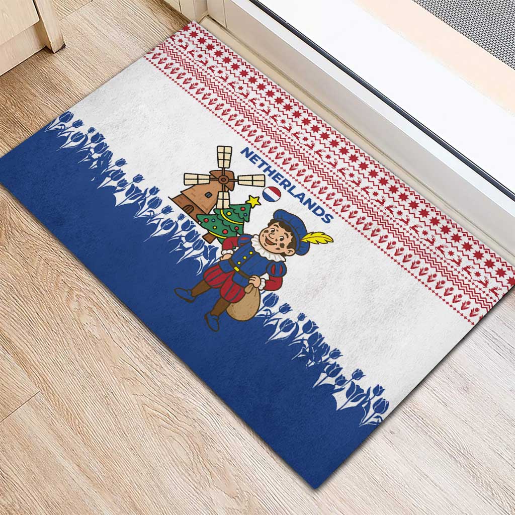 Netherlands Christmas Rubber Doormat with Christmas Tree Windmill Piet Character and Tulip Pattern - Wonder Print Shop