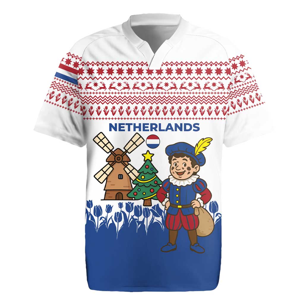 Netherlands Christmas Rugby Jersey with Christmas Tree Windmill Piet Character and Tulip Pattern - Wonder Print Shop