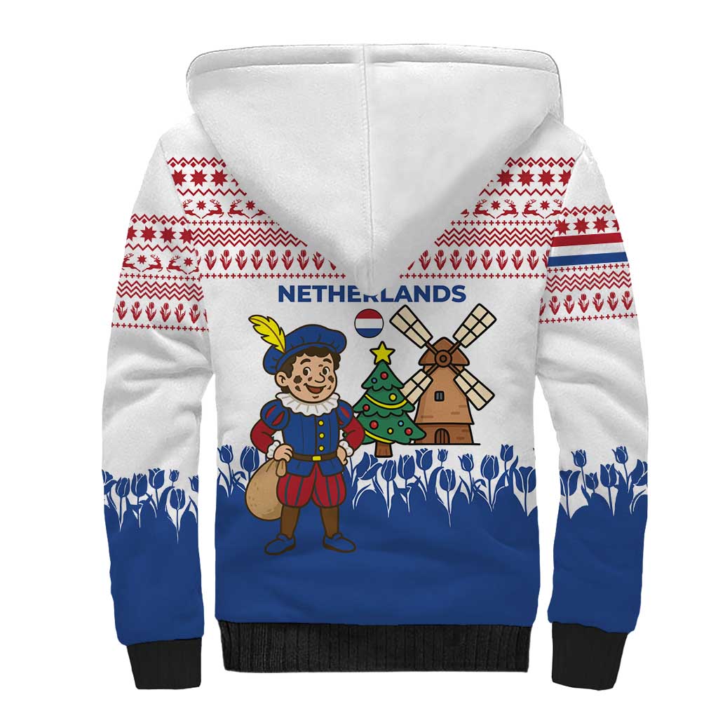 Netherlands Christmas Sherpa Hoodie with Christmas Tree Windmill Piet Character and Tulip Pattern - Wonder Print Shop