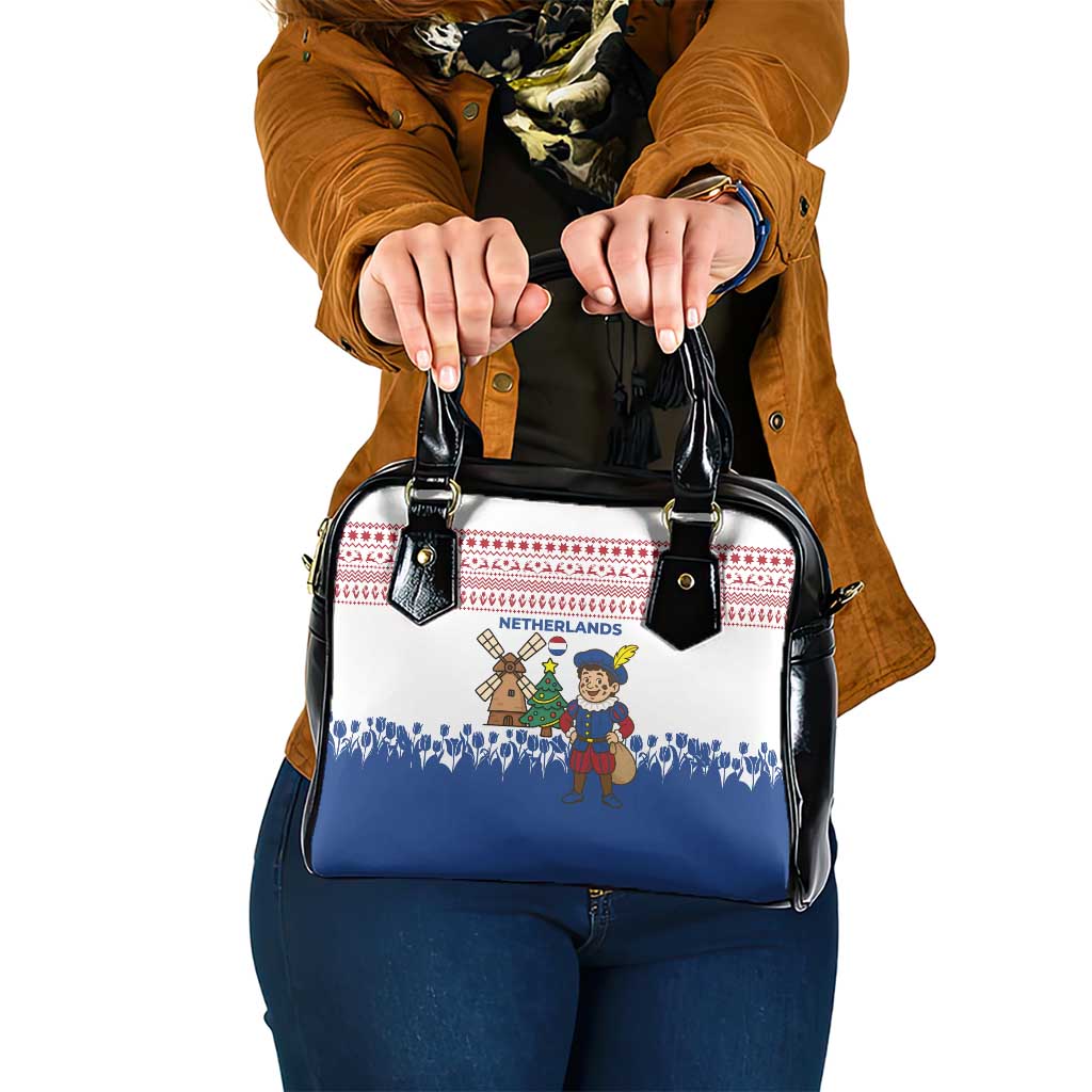 Netherlands Christmas Shoulder Handbag with Christmas Tree Windmill Piet Character and Tulip Pattern - Wonder Print Shop