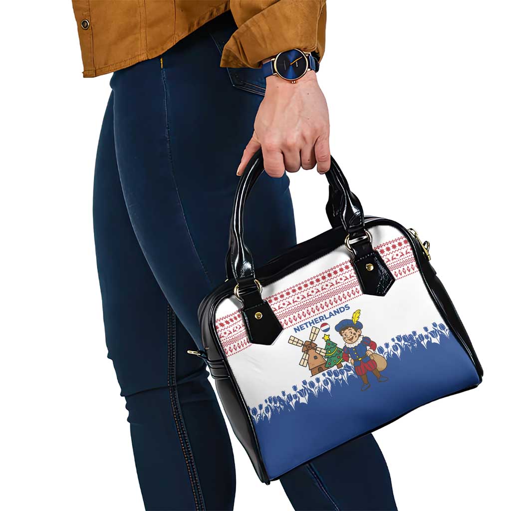 Netherlands Christmas Shoulder Handbag with Christmas Tree Windmill Piet Character and Tulip Pattern - Wonder Print Shop