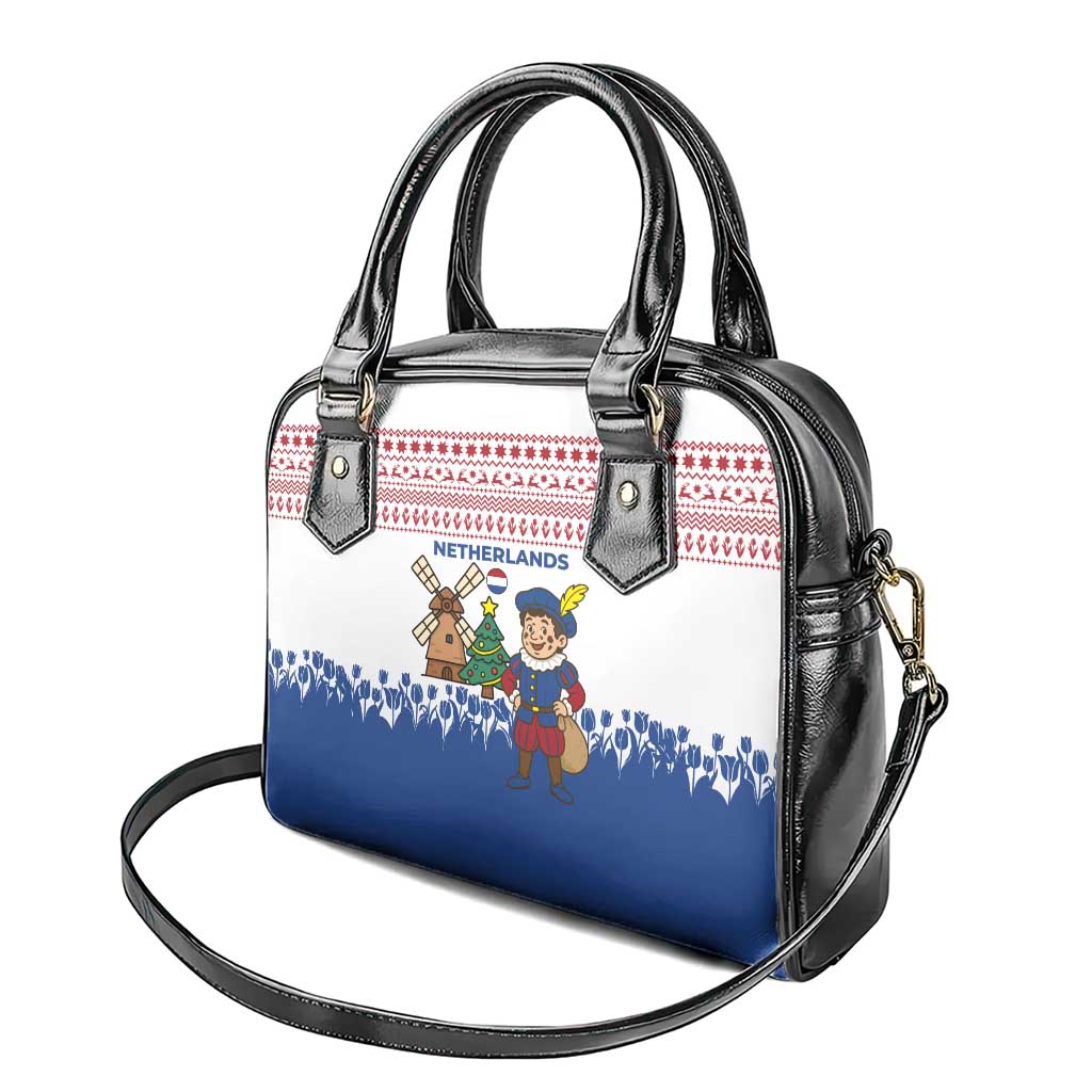 Netherlands Christmas Shoulder Handbag with Christmas Tree Windmill Piet Character and Tulip Pattern - Wonder Print Shop
