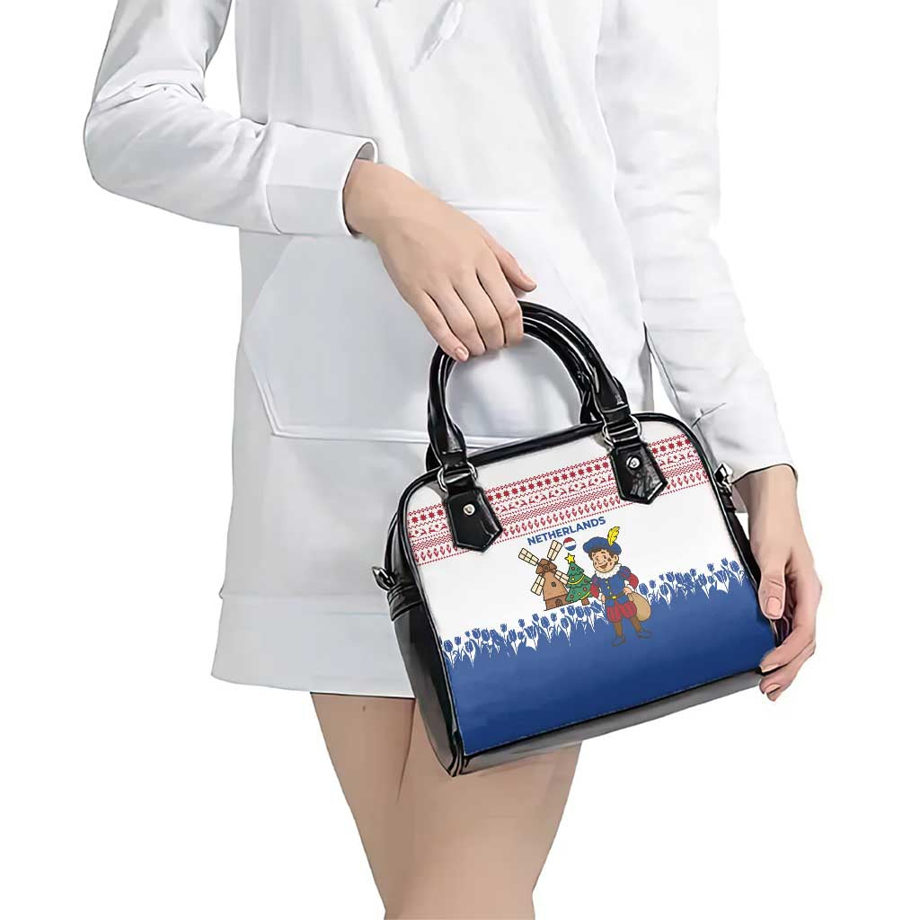 Netherlands Christmas Shoulder Handbag with Christmas Tree Windmill Piet Character and Tulip Pattern - Wonder Print Shop