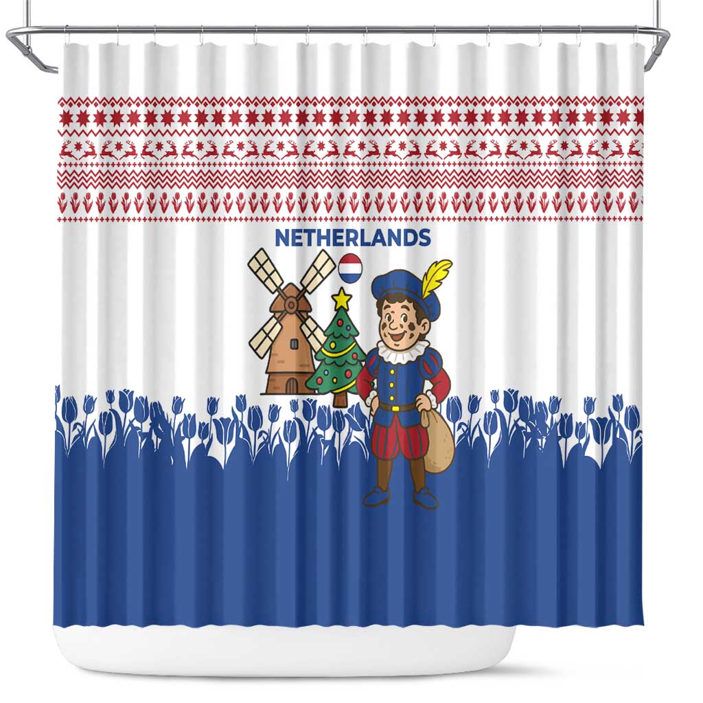 Netherlands Christmas Shower Curtain with Christmas Tree Windmill Piet Character and Tulip Pattern - Wonder Print Shop
