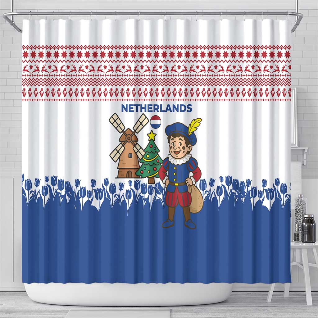 Netherlands Christmas Shower Curtain with Christmas Tree Windmill Piet Character and Tulip Pattern - Wonder Print Shop