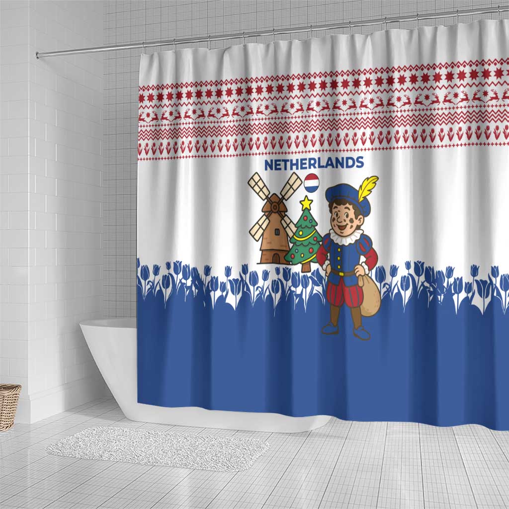 Netherlands Christmas Shower Curtain with Christmas Tree Windmill Piet Character and Tulip Pattern - Wonder Print Shop