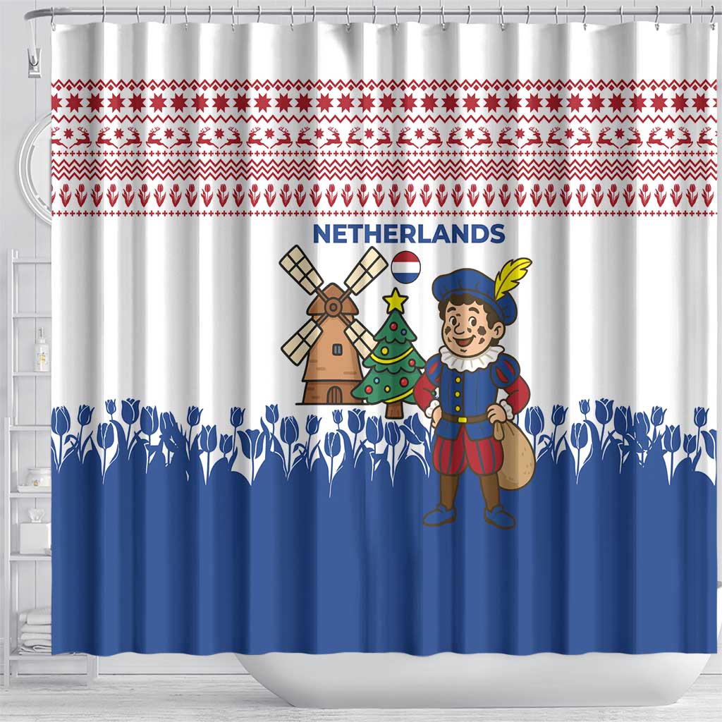 Netherlands Christmas Shower Curtain with Christmas Tree Windmill Piet Character and Tulip Pattern - Wonder Print Shop