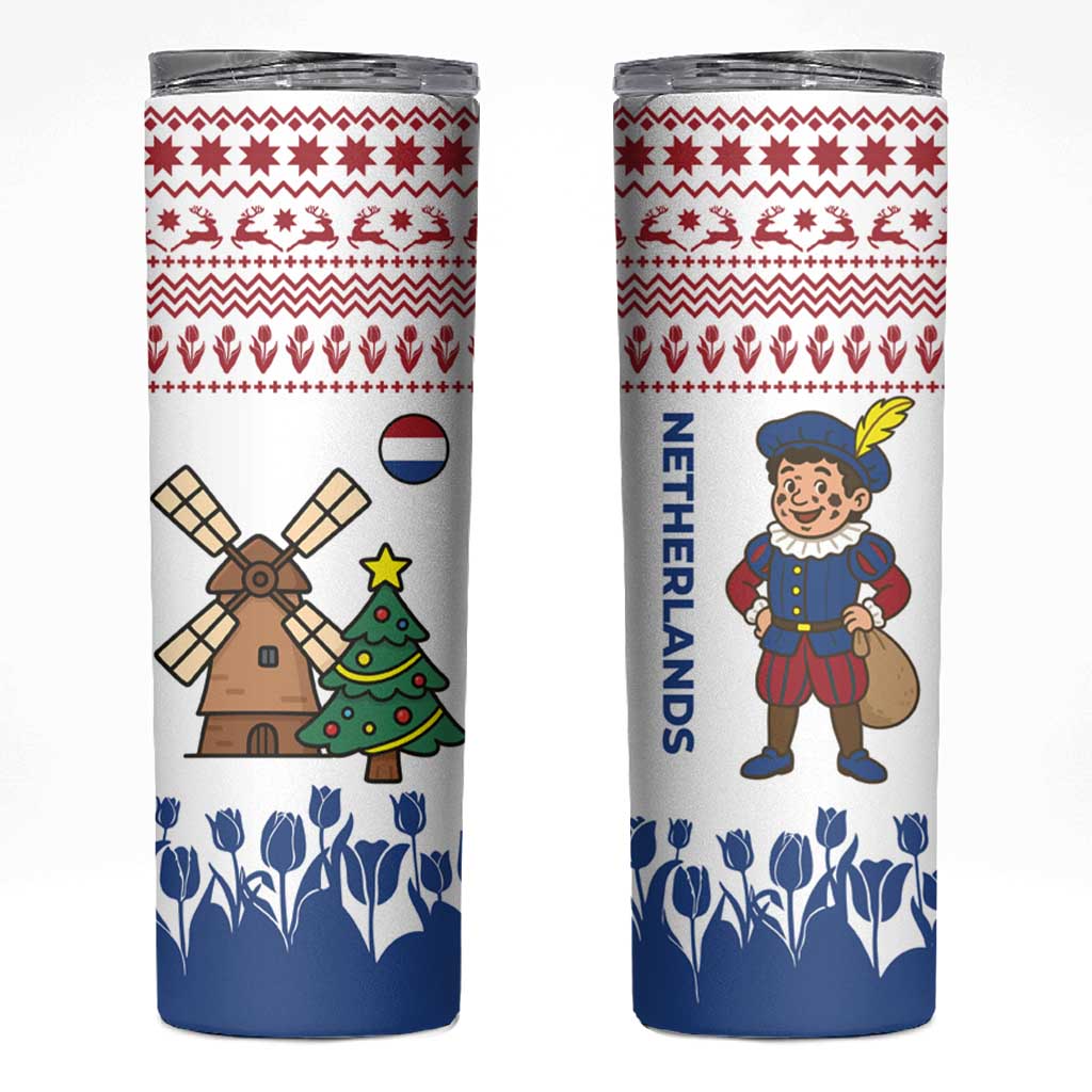 Netherlands Christmas Skinny Tumbler with Christmas Tree Windmill Piet Character and Tulip Pattern - Wonder Print Shop