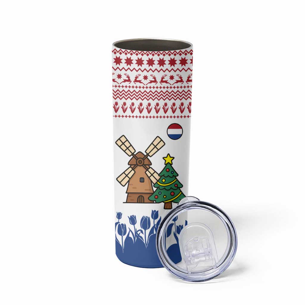 Netherlands Christmas Skinny Tumbler with Christmas Tree Windmill Piet Character and Tulip Pattern - Wonder Print Shop