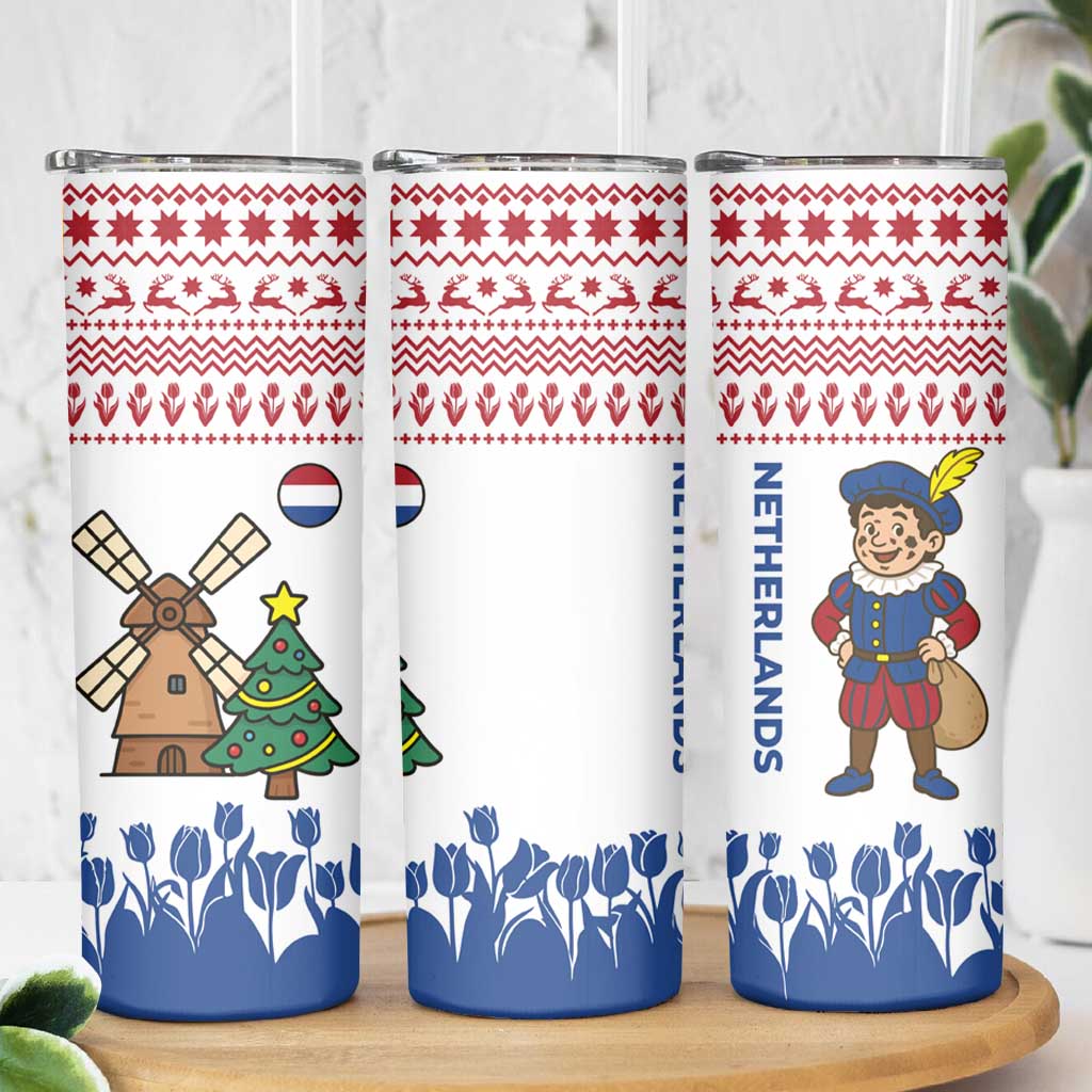 Netherlands Christmas Skinny Tumbler with Christmas Tree Windmill Piet Character and Tulip Pattern - Wonder Print Shop