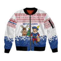 Netherlands Christmas Sleeve Zip Bomber Jacket with Christmas Tree Windmill Piet Character and Tulip Pattern - Wonder Print Shop