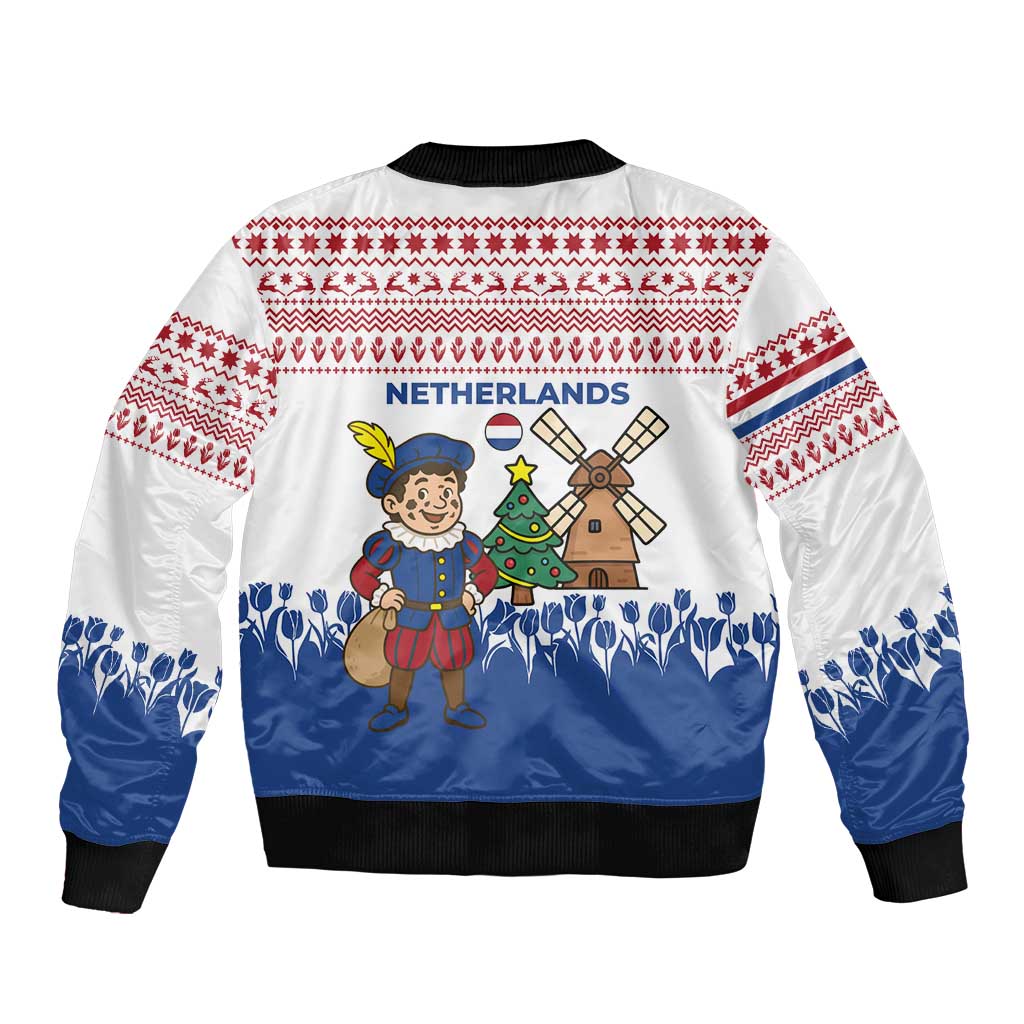 Netherlands Christmas Sleeve Zip Bomber Jacket with Christmas Tree Windmill Piet Character and Tulip Pattern - Wonder Print Shop