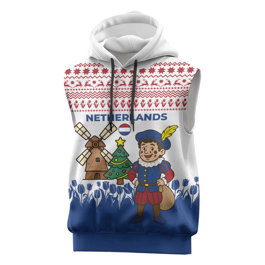 Netherlands Christmas Sleeveless Hoodie with Christmas Tree Windmill Piet Character and Tulip Pattern - Wonder Print Shop