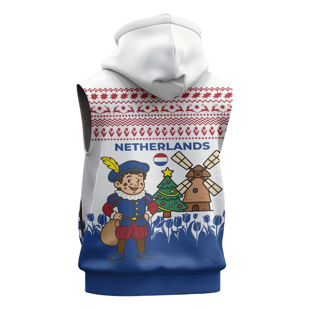 Netherlands Christmas Sleeveless Hoodie with Christmas Tree Windmill Piet Character and Tulip Pattern - Wonder Print Shop