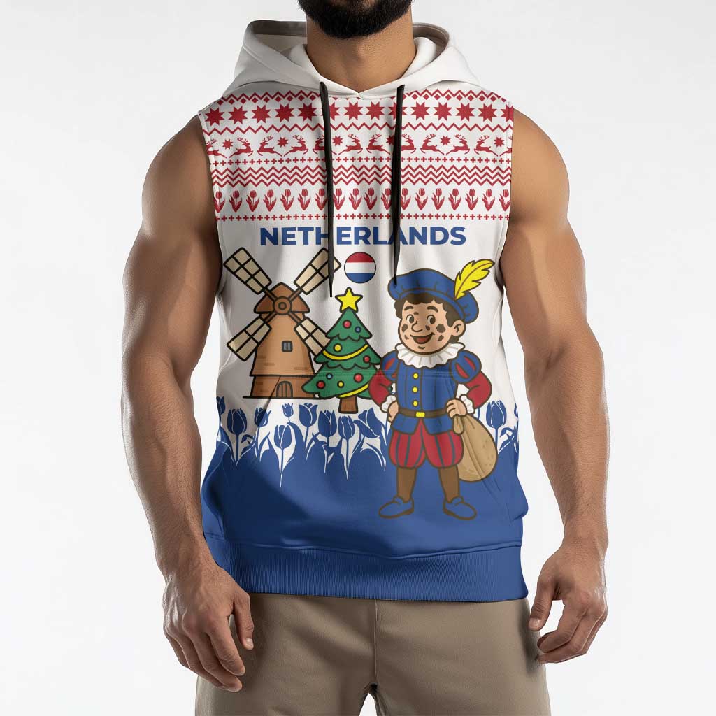 Netherlands Christmas Sleeveless Hoodie with Christmas Tree Windmill Piet Character and Tulip Pattern - Wonder Print Shop