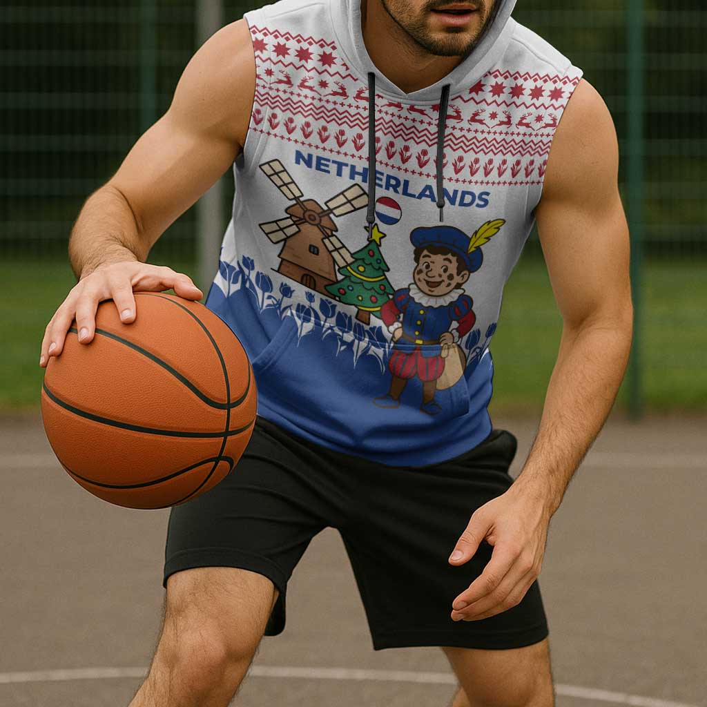 Netherlands Christmas Sleeveless Hoodie with Christmas Tree Windmill Piet Character and Tulip Pattern - Wonder Print Shop