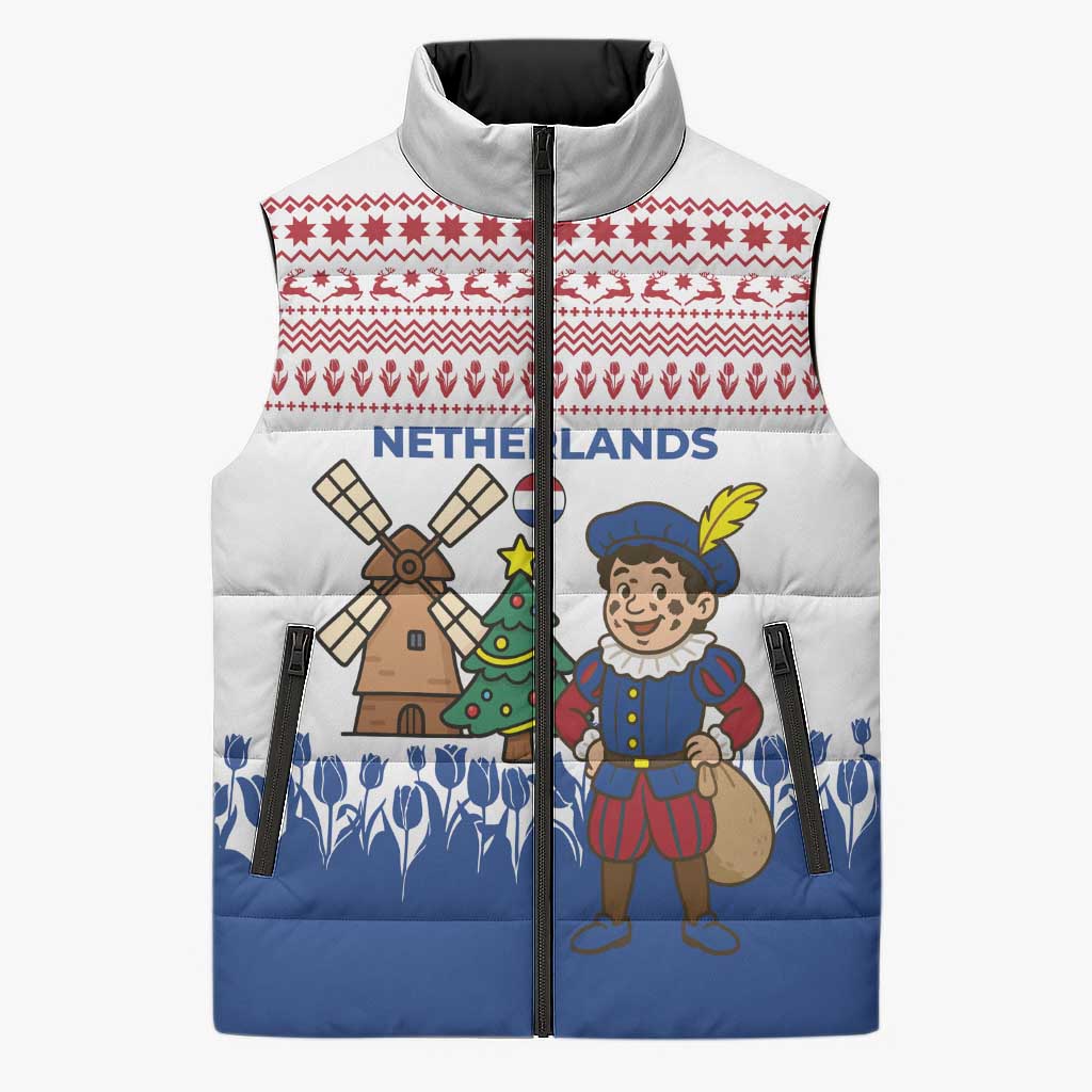 Netherlands Christmas Sleeveless Puffer Jacket with Christmas Tree Windmill Piet Character and Tulip Pattern - Wonder Print Shop