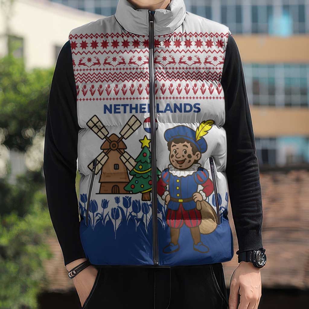 Netherlands Christmas Sleeveless Puffer Jacket with Christmas Tree Windmill Piet Character and Tulip Pattern - Wonder Print Shop