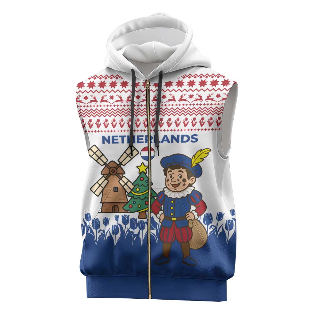 Netherlands Christmas Sleeveless Zip Hoodie with Christmas Tree Windmill Piet Character and Tulip Pattern - Wonder Print Shop