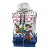 Netherlands Christmas Sleeveless Zip Hoodie with Christmas Tree Windmill Piet Character and Tulip Pattern - Wonder Print Shop