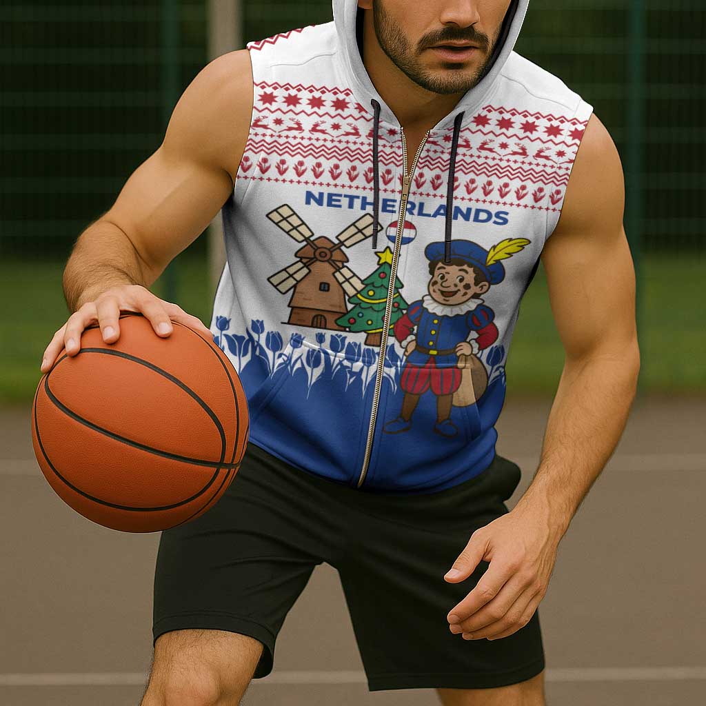 Netherlands Christmas Sleeveless Zip Hoodie with Christmas Tree Windmill Piet Character and Tulip Pattern - Wonder Print Shop