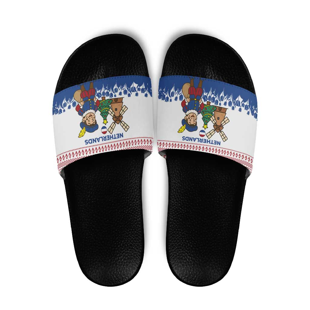 Netherlands Christmas Slide Sandals with Christmas Tree Windmill Piet Character and Tulip Pattern - Wonder Print Shop