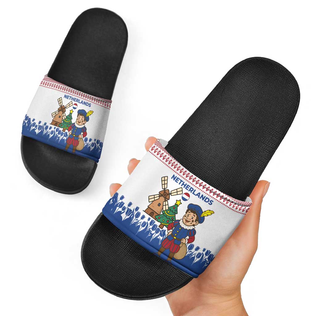 Netherlands Christmas Slide Sandals with Christmas Tree Windmill Piet Character and Tulip Pattern - Wonder Print Shop