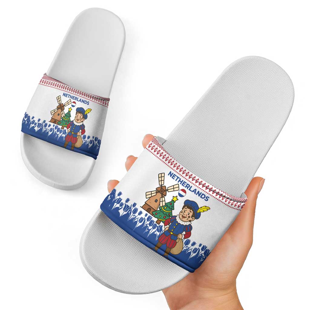 Netherlands Christmas Slide Sandals with Christmas Tree Windmill Piet Character and Tulip Pattern - Wonder Print Shop