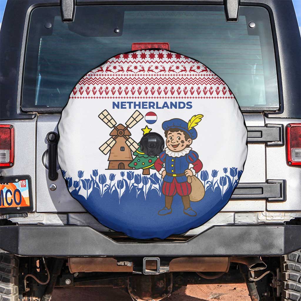 Netherlands Christmas Spare Tire Cover with Christmas Tree Windmill Piet Character and Tulip Pattern - Wonder Print Shop