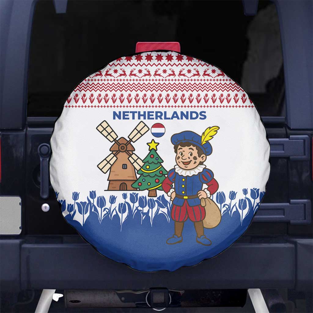 Netherlands Christmas Spare Tire Cover with Christmas Tree Windmill Piet Character and Tulip Pattern - Wonder Print Shop