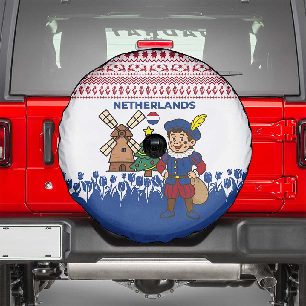 Netherlands Christmas Spare Tire Cover with Christmas Tree Windmill Piet Character and Tulip Pattern - Wonder Print Shop