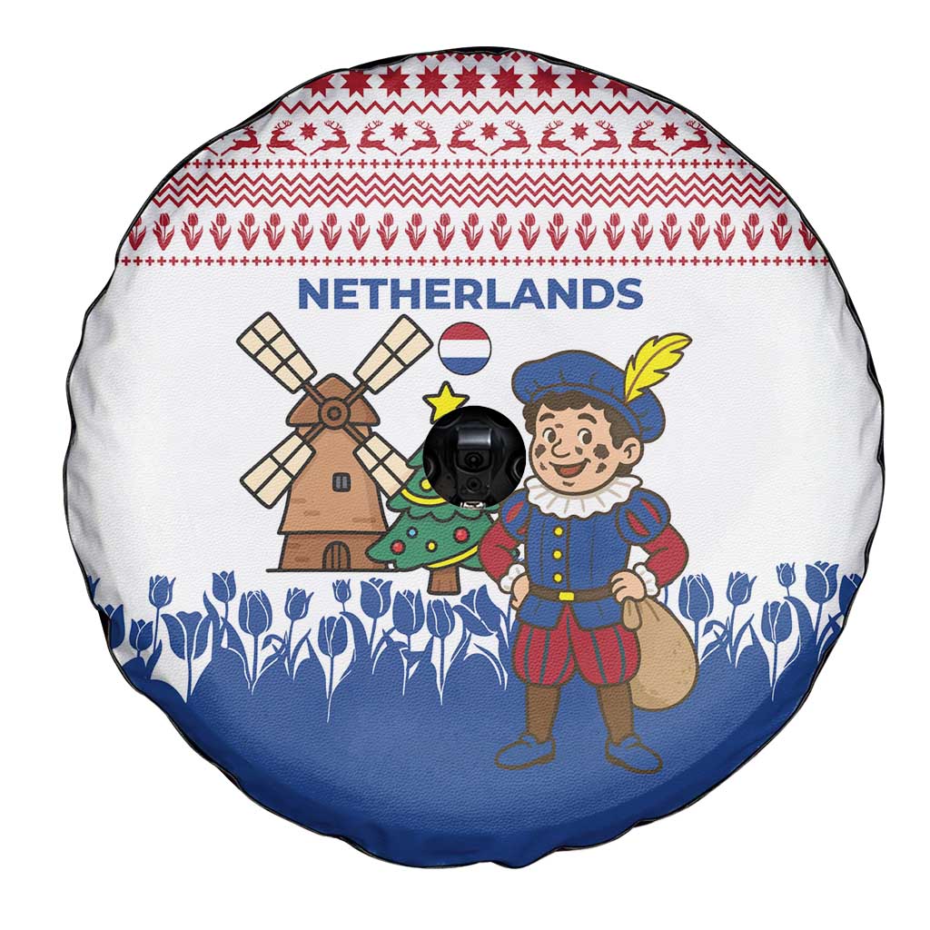 Netherlands Christmas Spare Tire Cover with Christmas Tree Windmill Piet Character and Tulip Pattern - Wonder Print Shop